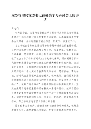 应急管理局党委书记在机关学习研讨会上的讲话