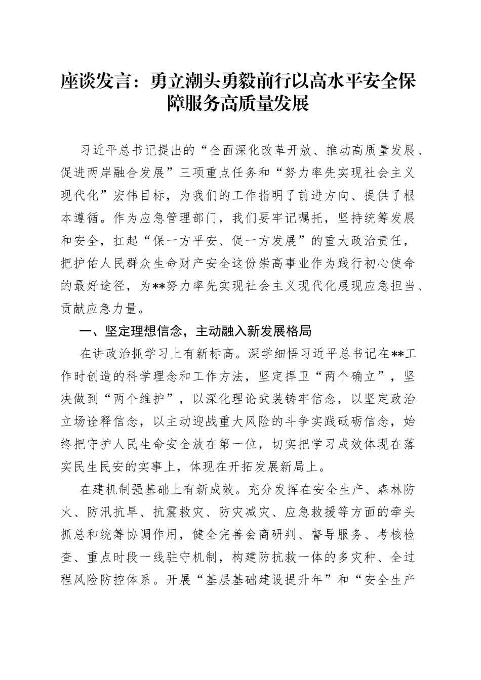 座谈发言：勇立潮头勇毅前行以高水平安全保障服务高质量发展_第1页
