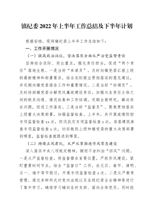 镇纪委2022年上半年工作总结及下半年计划