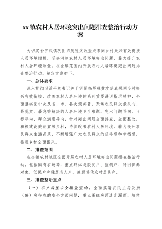 镇农村人居环境突出问题排查整治行动方案