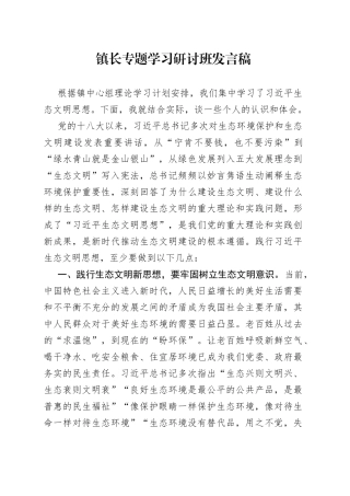 镇长专题学习研讨班发言稿