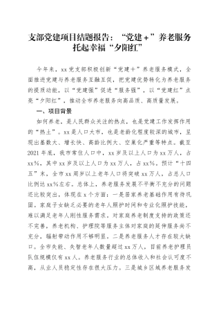 支部党建项目结题报告：“党建＋”养老服务托起幸福“夕阳红”