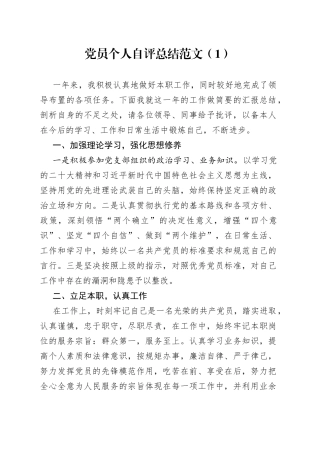 【2篇】党员个人自评总结范文（2篇，民主评议党员个人工作总结汇报报告参考）（23020401）