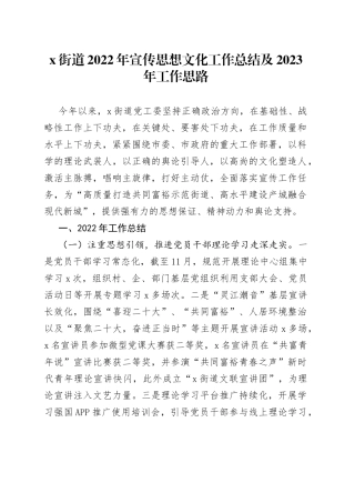 【2篇】街道乡镇2022年宣传思想文化工作总结及2023年工作思路计划范文（2篇，工作汇报报告）（23020302）