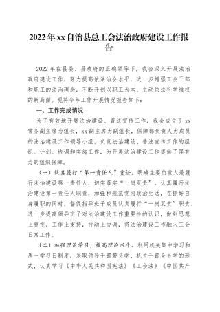 2022年XX自治县总工会法治政府建设工作报告