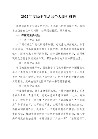 2022年度民主生活会个人剖析材料