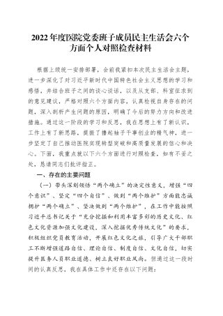 2022年度医院党委班子成员民主生活会六个方面个人对照检查材料