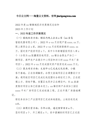 2022年度镇镇域经济发展情况总结和2023年工作计划（20230110）