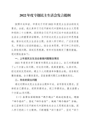 2022年度专题民主生活会发言提纲