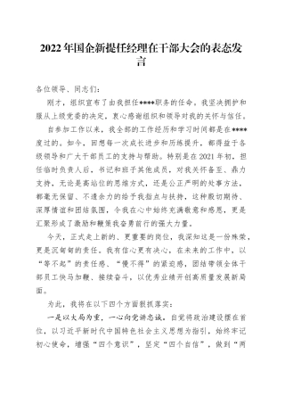 2022年国企新提任经理在干部大会的表态发言