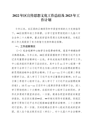 2022年区宣传思想文化工作总结及2023年工作计划