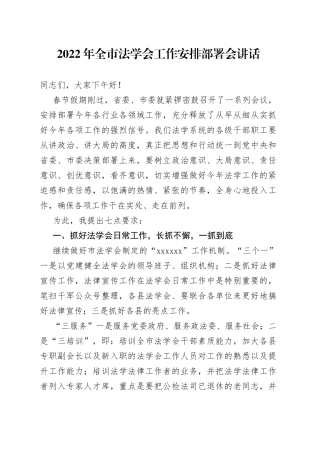 2022年全市法学会工作安排部署会讲话