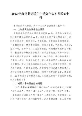 2022年市委书记民主生活会个人对照检查材料