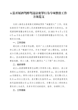 x县开展酒驾醉驾违法犯罪行为专项整治工作方案