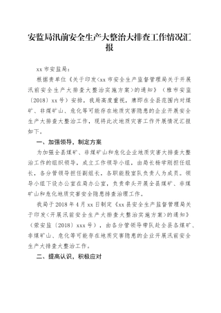 安监局汛前安全生产大整治大排查工作情况汇报