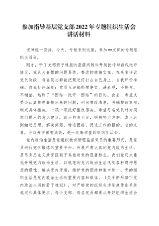 参加指导基层党支部2022年专题组织生活会讲话材料