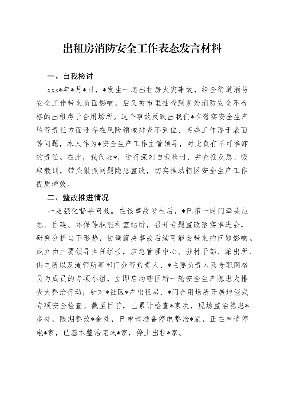 出租房消防安全工作表态发言材料_第1页