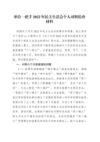 单位一把手2022年民主生活会个人对照检查材料