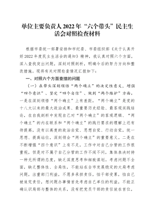 单位主要负责人2022年“六个带头”民主生活会对照检查材料