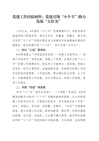 党建工作经验材料：党建引领“小个专”助力发展“大作为”