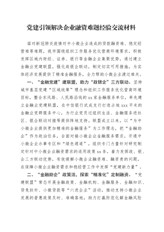党建引领解决企业融资难题经验交流材料