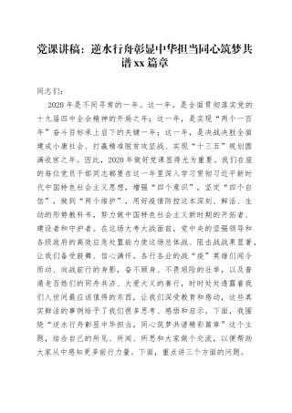 党课：逆水行舟彰显中华担当同心筑梦共谱XX篇章
