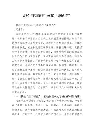 党课讲稿—立好“四标杆”淬炼“忠诚度”答好不负党和人民期望的“必答题”