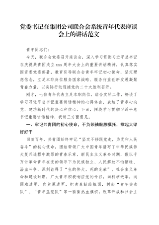 党委书记在集团公司联合会系统青年代表座谈会上的讲话
