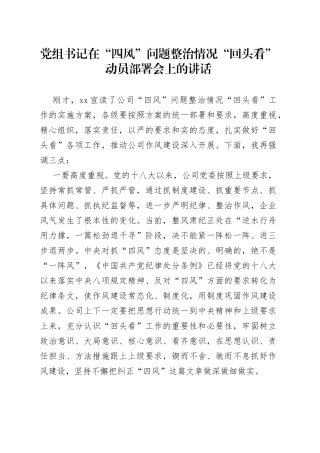 党组书记在“四风”问题整治情况“回头看”动员部署会上的讲话