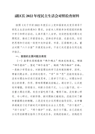 副区长2022年度民主生活会对照检查材料