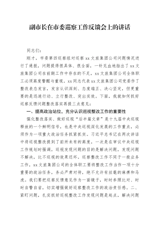 副市长在市委巡察工作反馈会上的讲话