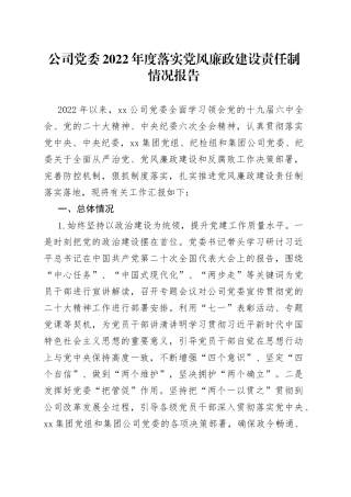 公司党委2022年度落实党风廉政建设责任制情况报告