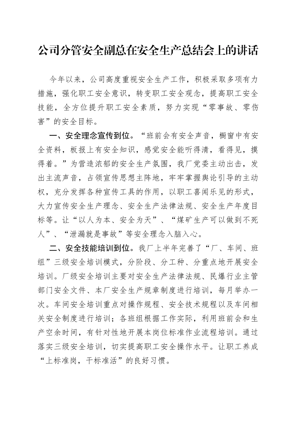 公司分管安全副总在安全生产总结会上的讲话_第1页