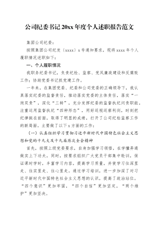 公司纪委书记20xx年度个人述职报告