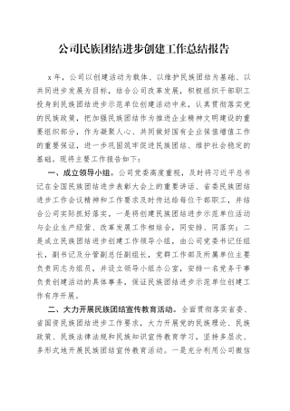 公司民族团结进步创建工作总结报告