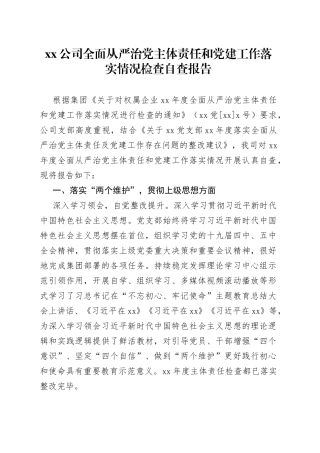公司全面从严治党主体责任和党建工作落实情况检查自查报告(1)