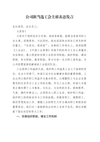 公司新当选工会主席表态发言