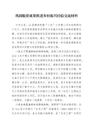 巩固脱贫成果推进乡村振兴经验交流材料