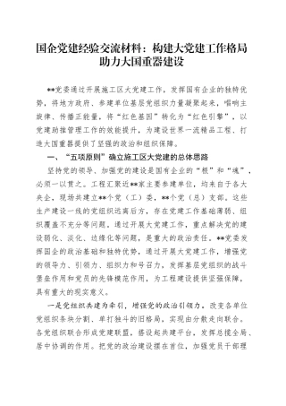 国企党建经验交流材料：构建大党建工作格局助力大国重器建设