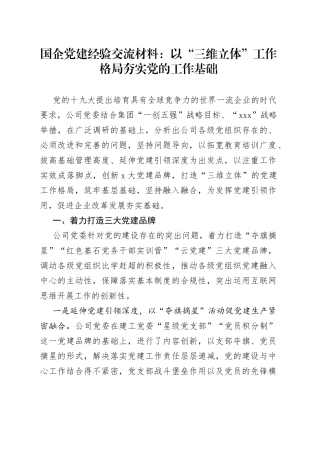 国企党建经验交流材料：以“三维立体”工作格局夯实党的工作基础（1）