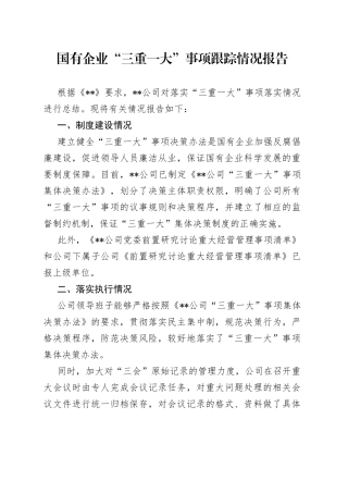 国有企业“三重一大”事项跟踪情况报告