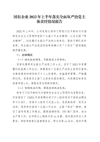 国有企业2022年上半年落实全面从严治党主体责任情况报告