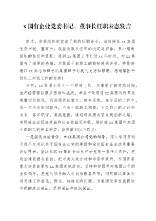 国有企业党委书记、董事长任职表态发言