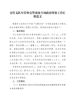 交管支队车管所交警系统专项政治督察工作汇报