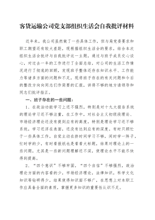 客货运输公司党支部组织生活会自我批评材料