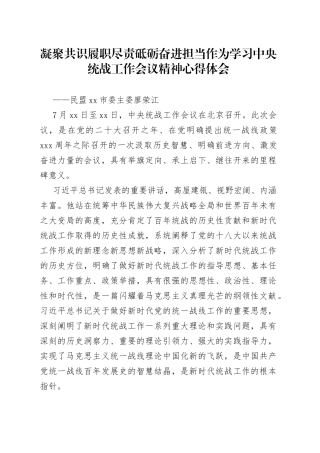凝聚共识履职尽责砥砺奋进担当作为学习中央统战工作会议精神心得体会