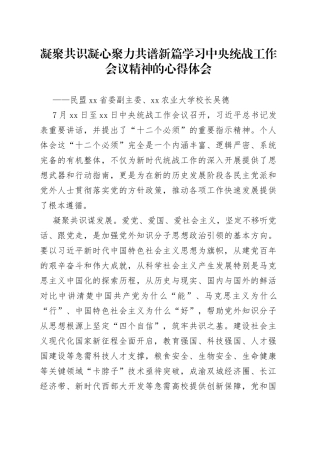 凝聚共识凝心聚力共谱新篇学习中央统战工作会议精神的心得体会
