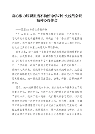 凝心聚力履职担当不负使命学习中央统战会议精神心得体会