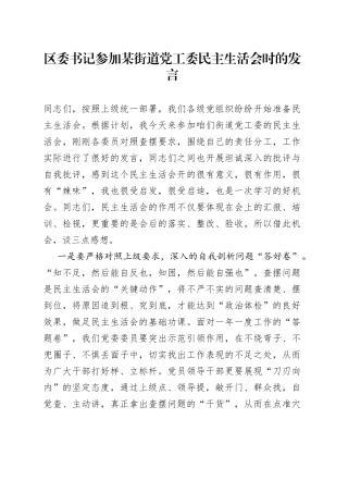 区委书记参加某街道党工委民主生活会时的发言
