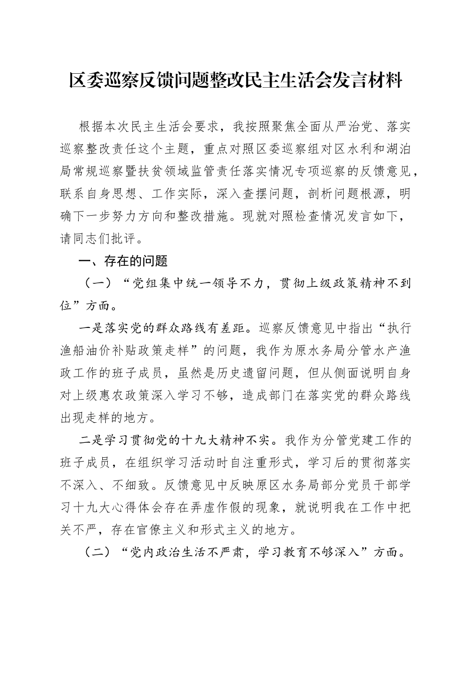 区委巡察反馈问题整改民主生活会发言材料_第1页